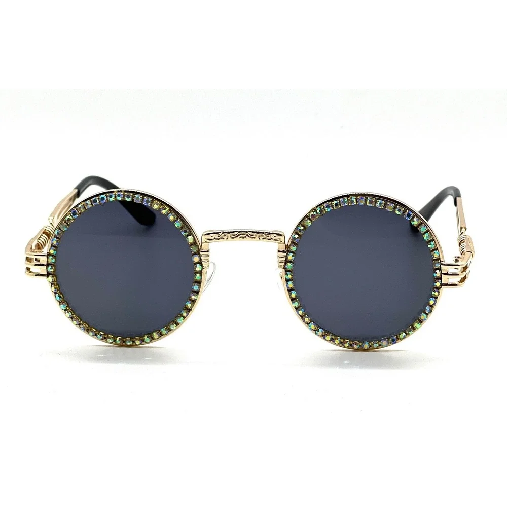 Sunglasses Gold Steampunk Rhinestone Christal 80's‎ 90's Black Fashion Vintage